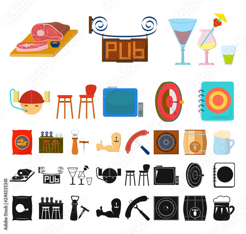 Pub, interior and equipment cartoon, black icons in set collection for design. Alcohol and food vector symbol stock web illustration.