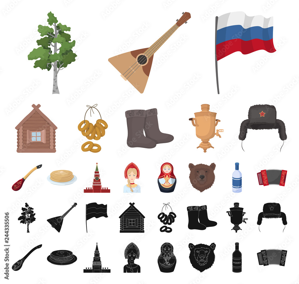 Country Russia, travel cartoon, black icons in set collection for design. Attractions and features vector symbol stock web illustration.