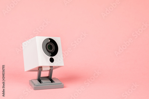 white webcam on pink background, object, Internet, technology concept