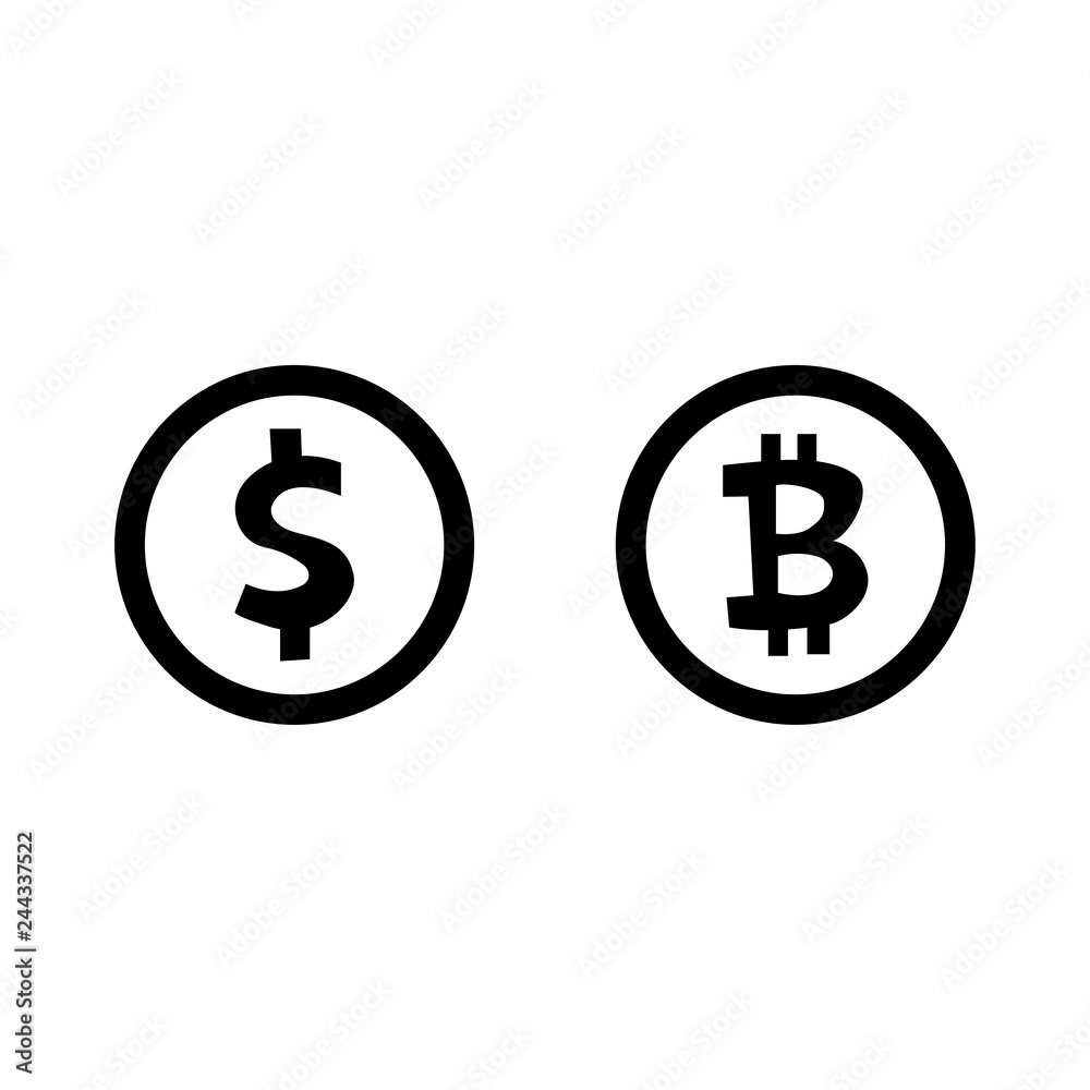Dollar and bitcoin coin icon isolated on white background Dollar and bitcoin coin icon isolated on white background