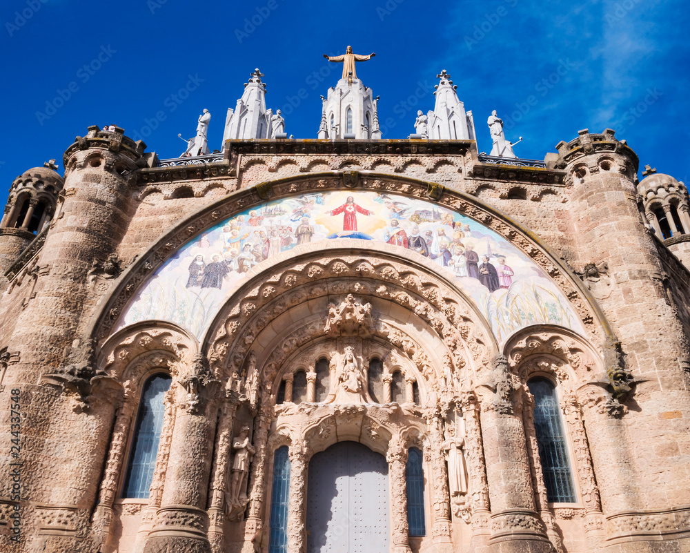 BARCELONA, SPAIN, Nov 1, 2018: Church of the Sacred heart of Jesus on Tibidabo mountain in Cathalonia. Perspective view from ground.