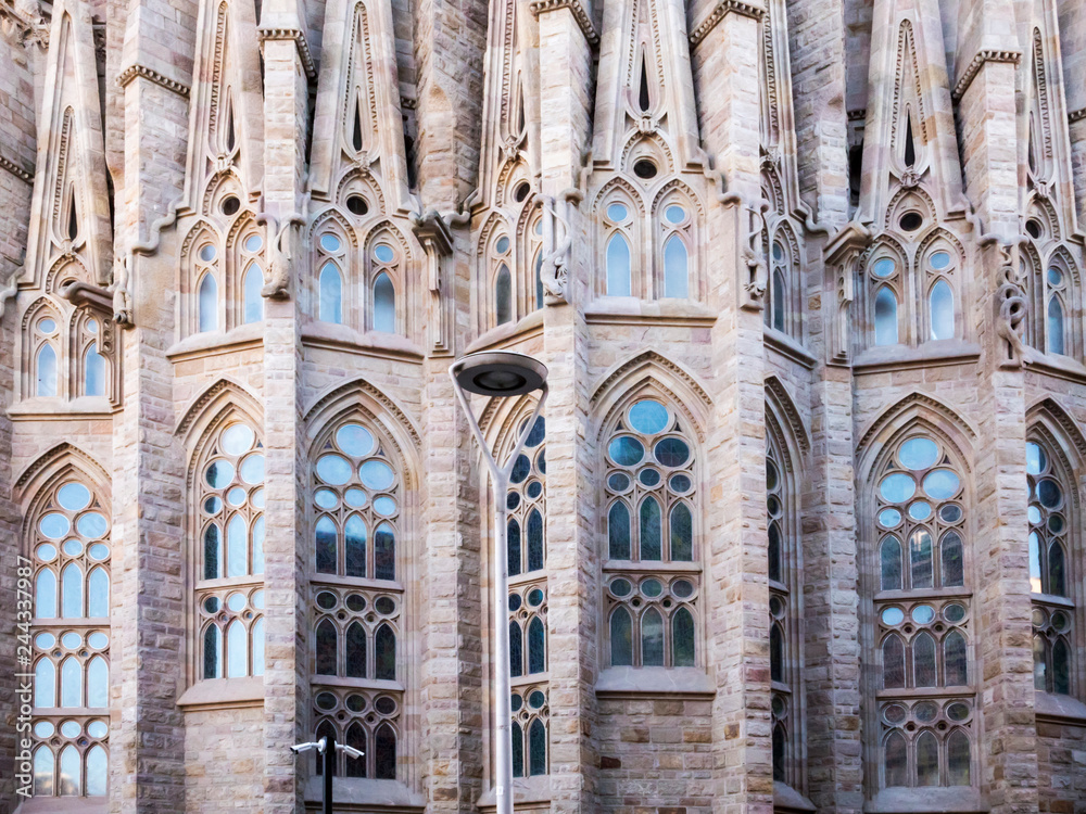 BARCELONA, SPAIN - NOV 1, 2018: Sagrada Familia church Temple Expiatori de la Sagrada Famalia. Designed by Antoni Gaudi, UNESCO World Heritage Site. Close up detailed view.