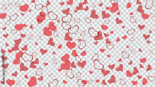 Festive background. Red hearts of confetti crumbled. The idea of wallpaper design, textiles, packaging, printing, holiday invitation for birthday. Red on Transparent fond Vector.