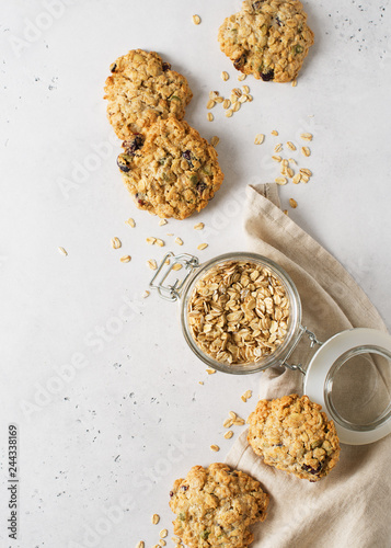 Homemade oat cookies on white background