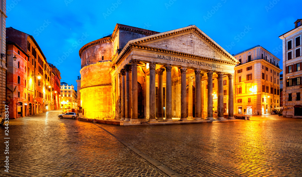 Pantheon at dawn in Rome, Italy. Temple of all the gods. Former Roman temple, now church, in Rome. Piazza della Rotonda.