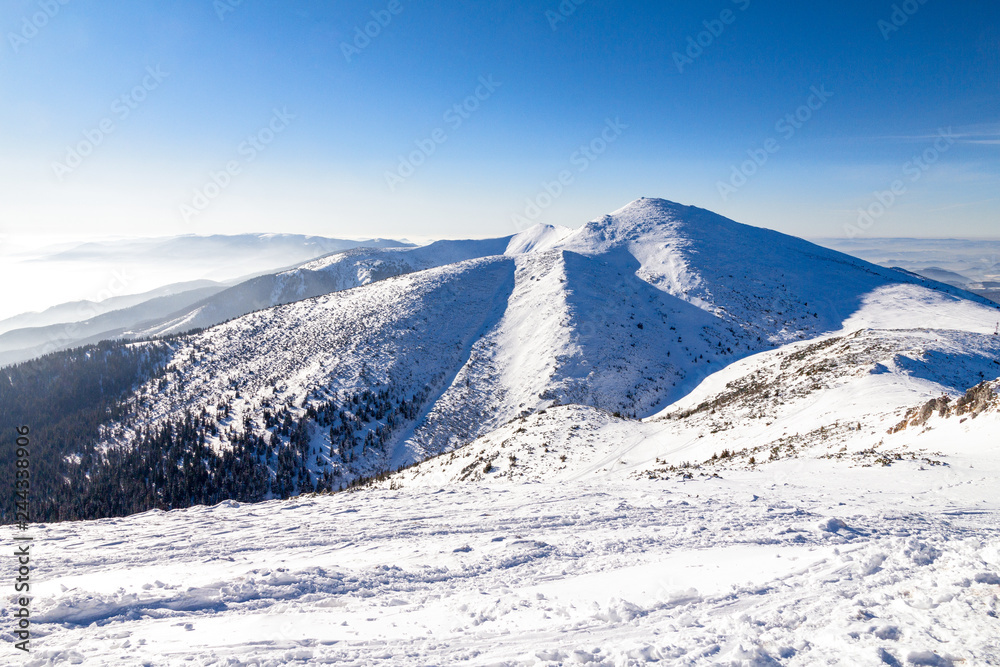 Winter snowy landscape at mountain during a sunny day with blue sky. The Mala Fatra national park in Slovakia, Europe.