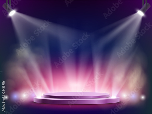 Spotlights illuminates a round stage. Disco night club background.
