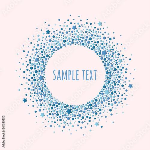 Round dotted frame with space for text. Frame of blue dots and stars of various size. Vector abstract background.