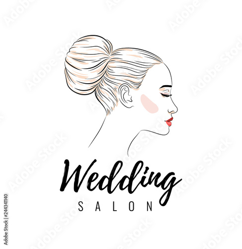 Beautiful woman with bun hairstyle, beauty wedding salon, banner or poster design, vector illustration line sketch style