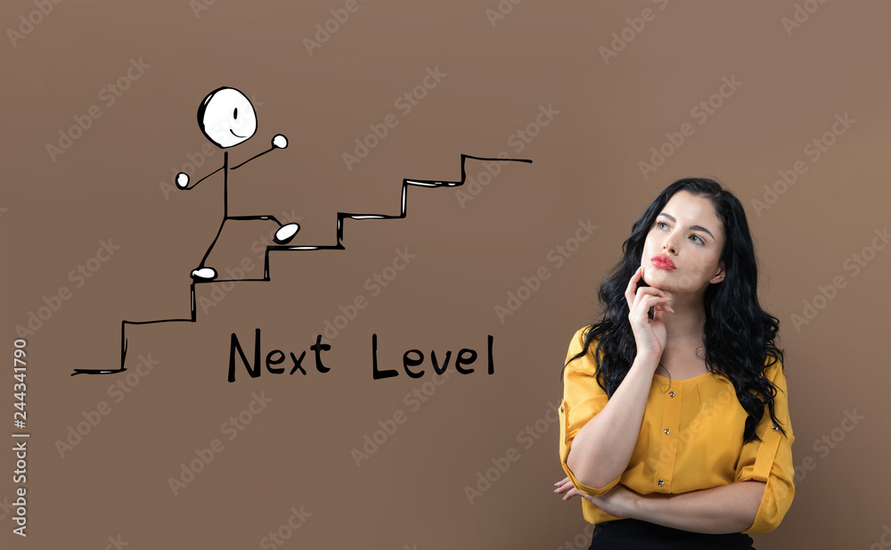 Next level concept with young businesswoman on a brown background - obrazy, fototapety, plakaty 
