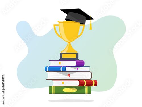 Stack of Books A Trophy and Graduation Cap on the top. Business success and education concept Vector Icon