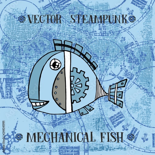 Vector steampunk mechanical metallic cute fish on clock background, can be used as fashion print for t shirt for boys, pattern, hand drawn characters, 19th century industrial style