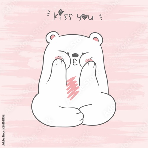 Vector illustration of cute white North Pole bear sitting in a lotus position with letering kiss you on scratch background, hand drawn character playing the ape, cheek one's cheeks, air kiss