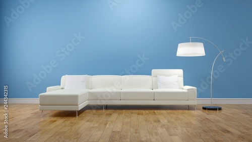 Sofa on a blue wall in living room, Minimalist room interior, interior design ,3d render - Illustration
