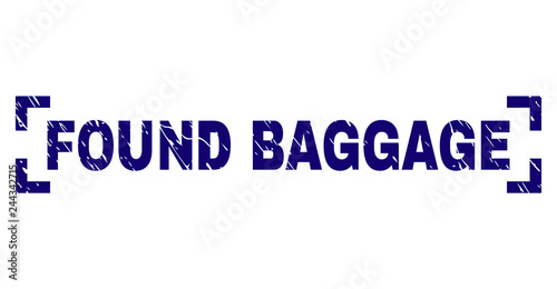 FOUND BAGGAGE text seal stamp with corroded texture. Text caption is placed between corners. Blue vector rubber print of FOUND BAGGAGE with scratched texture.