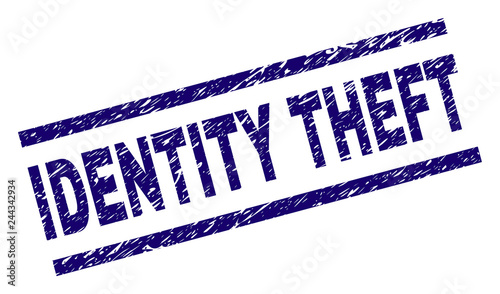 IDENTITY THEFT seal stamp with distress style. Blue vector rubber print of IDENTITY THEFT text with dirty texture. Text title is placed between parallel lines.