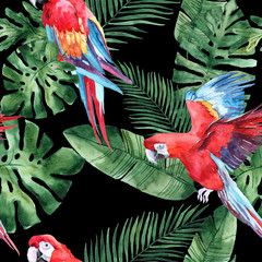 Acrylglasbilder Papageienmuster Watercolor seamless pattern with tropical leaves and tropical birds. Summer decoration print for wrapping, wallpaper, fabric. Hand drawn illustration  © Anastasiia
