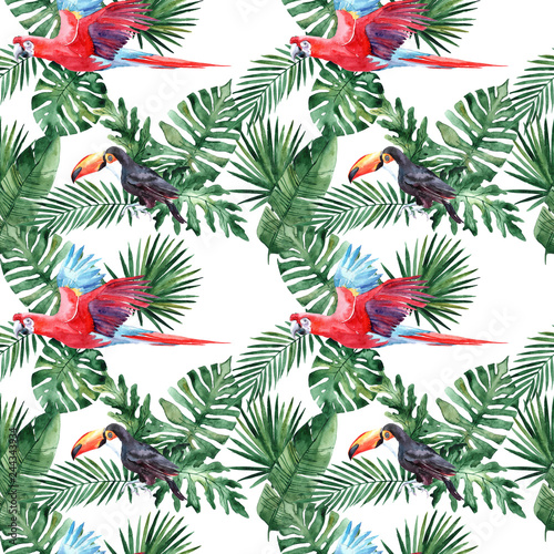 Watercolor seamless pattern with tropical leaves and tropical birds. Summer decoration print for wrapping, wallpaper, fabric. Hand drawn illustration