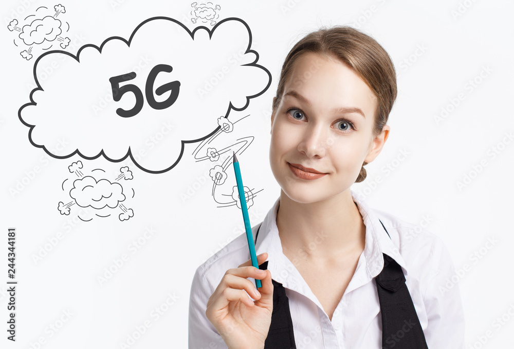 The concept of business, technology, the Internet and the network. A young entrepreneur working on a virtual screen of the future and sees the inscription: 5G The concept of business, technology, the Internet and the network. A young entrepreneur working on a virtual screen of the future and sees the inscription: 5G