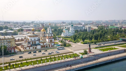 Russia, Irkutsk. Cathedral of the Epiphany. Embankment of the Angara River, Monument to the Founders of Irkutsk. The text on the Russian - Irkutsk, From Dron photo