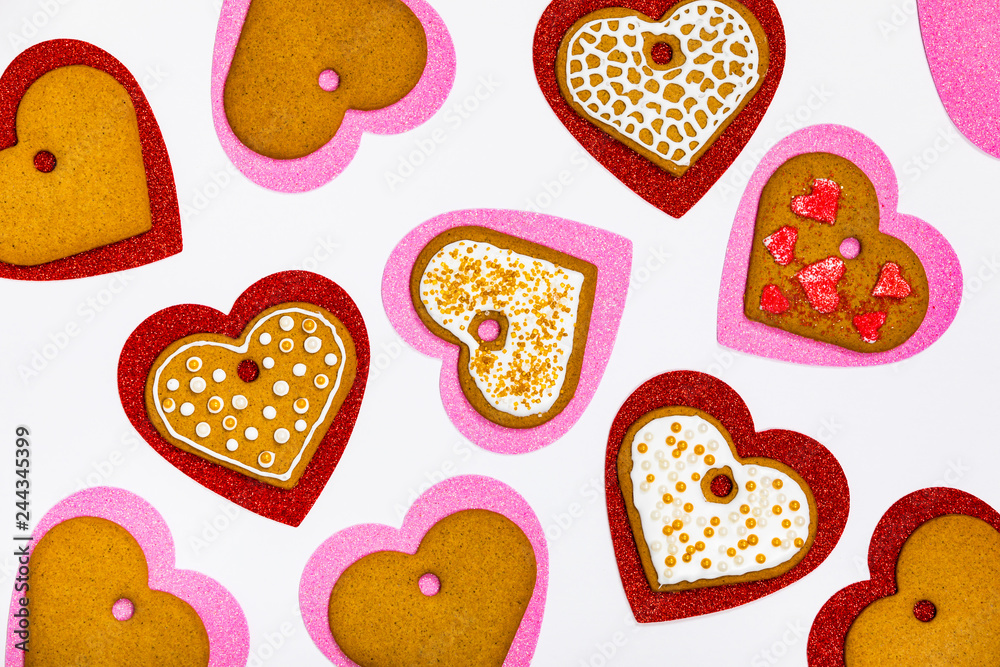 Valentines Day Background. Valentines Day Heart Shaped Cookies on Wooden Background. Selective focus. Valentines Day Background. Valentines Day Heart Shaped Cookies on Wooden Background. Selective focus.