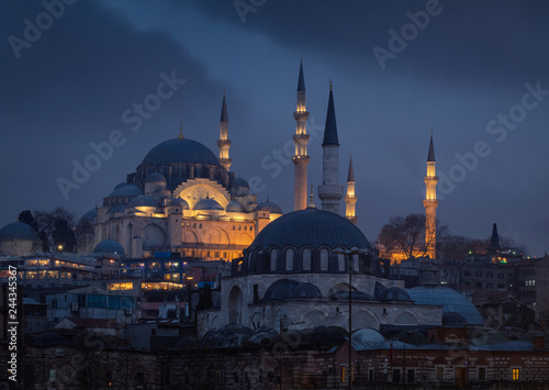 Beautiful view on Suleyman mosque at the rainy evening after the sunset