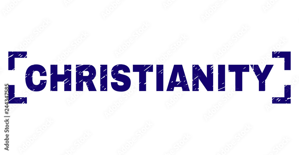 CHRISTIANITY title seal print with distress effect. Text title is placed inside corners. Blue vector rubber print of CHRISTIANITY with corroded texture. CHRISTIANITY title seal print with distress effect. Text title is placed inside corners. Blue vector rubber print of CHRISTIANITY with corroded texture.