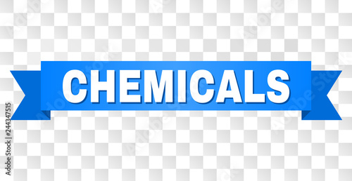 CHEMICALS text on a ribbon. Designed with white title and blue tape. Vector banner with CHEMICALS tag on a transparent background.