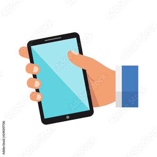 Hand holding smartphone isolated on white background. Copy space. Vector. photo