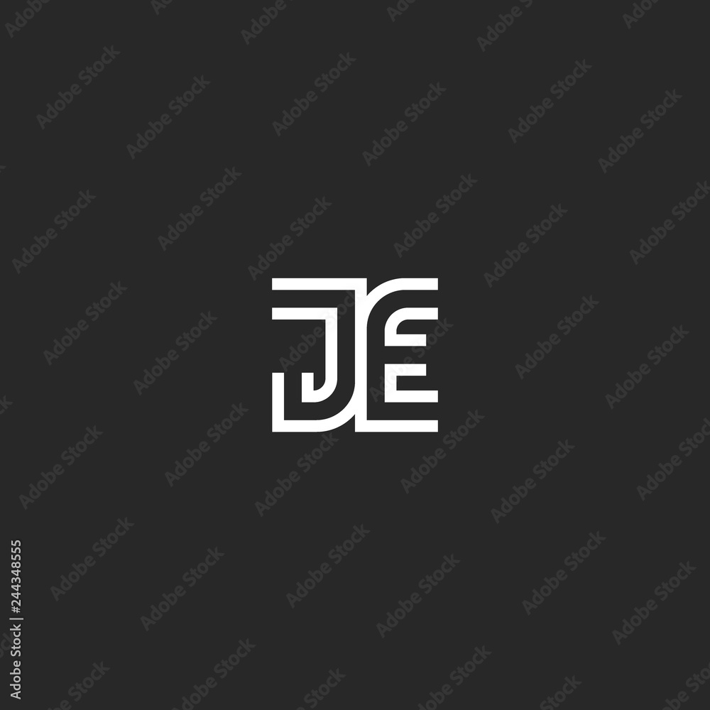 Initials of JE or EJ letters creative logo monogram, combination J and E letters, linear design with double parallel lines, emblem for wedding card or business cards Initials of JE or EJ letters creative logo monogram, combination J and E letters, linear design with double parallel lines, emblem for wedding card or business cards