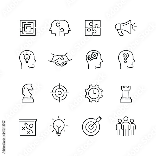 Business strategy related icons: thin vector icon set, black and white kit