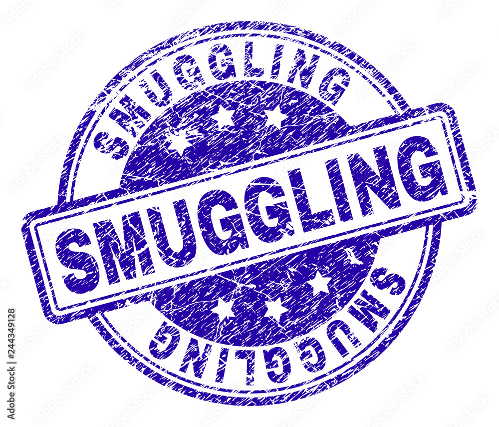 SMUGGLING stamp seal imprint with grunge texture. Designed with rounded rectangles and circles. Blue vector rubber print of SMUGGLING label with scratched texture. SMUGGLING stamp seal imprint with grunge texture. Designed with rounded rectangles and circles. Blue vector rubber print of SMUGGLING label with scratched texture.