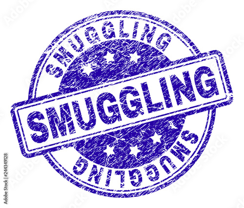 SMUGGLING stamp seal imprint with grunge texture. Designed with rounded rectangles and circles. Blue vector rubber print of SMUGGLING label with scratched texture.