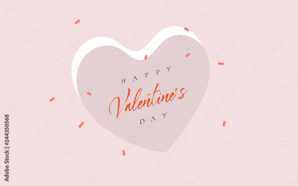 Hand drawn vector abstract cartoon modern graphic Happy Valentines day concept illustrations art card with simple hearts shapes and Happy Valentines daty text isolated on colored background