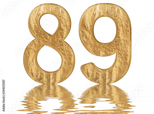 Numeral 89, eighty nine, reflected on the water surface, isolated on  white, 3d render photo