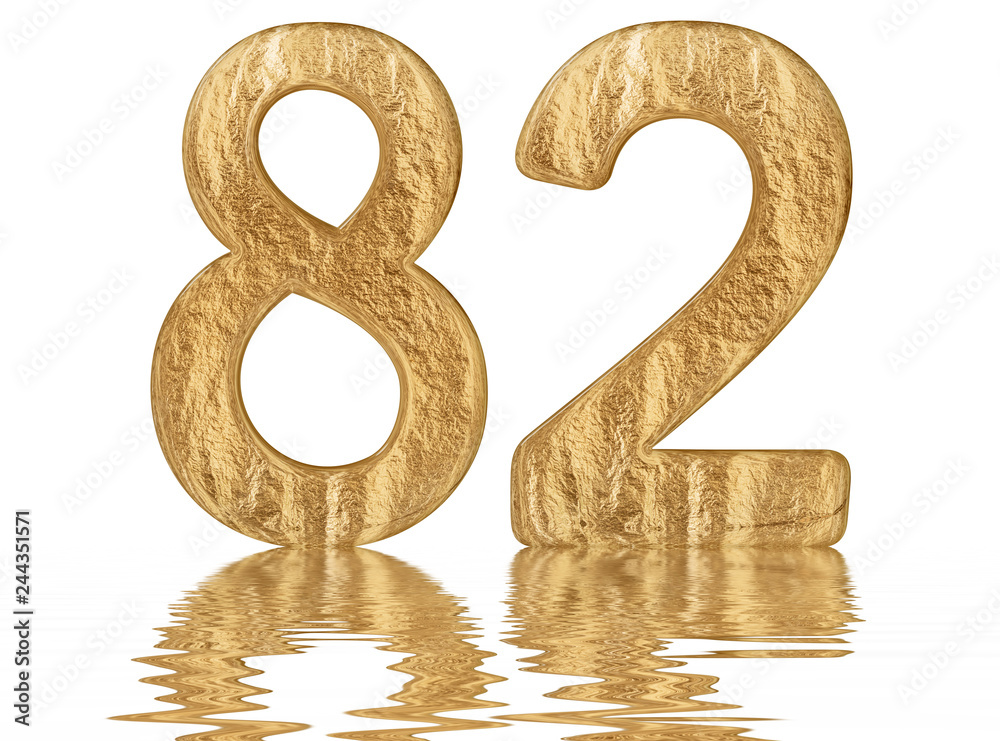 Numeral 82, eighty two, reflected on the water surface, isolated on white, 3d render Numeral 82, eighty two, reflected on the water surface, isolated on white, 3d render