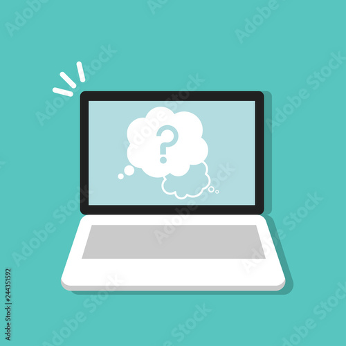 Question mark sign in a speech bubble on laptop, computer symbol  flat cartoon design