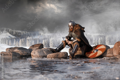 Canvas Print Medieval Scandinavian warrior Viking in full outfit on shore of winter sea