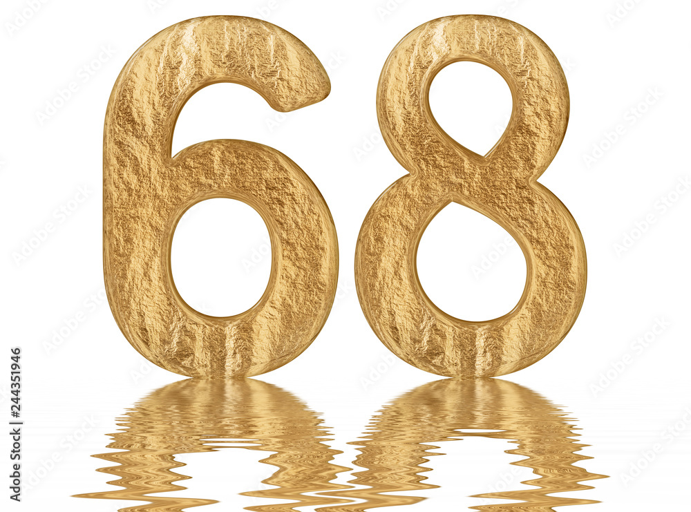 Numeral 68, sixty eight, reflected on the water surface, isolated on white, 3d render Numeral 68, sixty eight, reflected on the water surface, isolated on white, 3d render