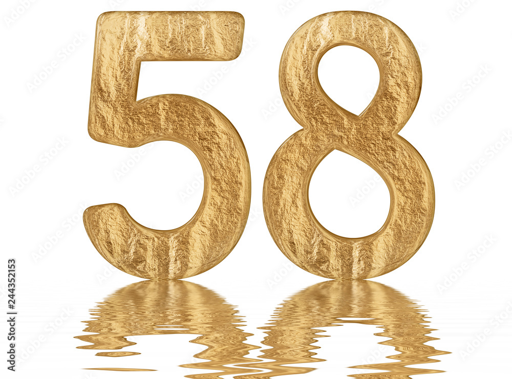 Numeral 58, fifty eight, reflected on the water surface, isolated on white, 3d render Numeral 58, fifty eight, reflected on the water surface, isolated on white, 3d render
