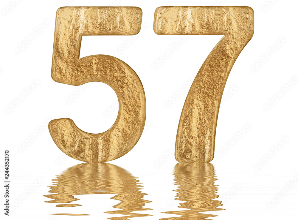 Numeral 57, fifty seven, reflected on the water surface, isolated on white, 3d render Numeral 57, fifty seven, reflected on the water surface, isolated on white, 3d render