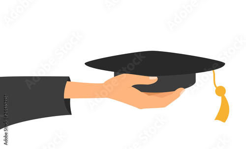 Concept of education, hand of graduate with graduation hat.