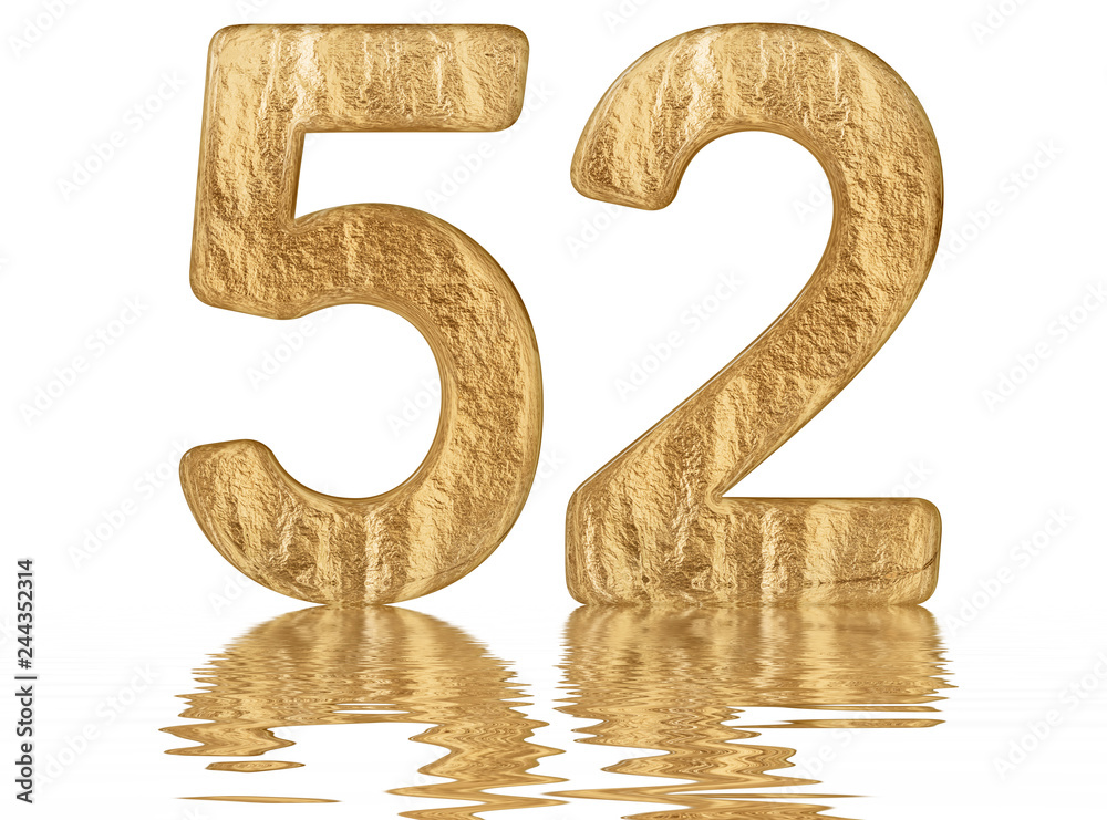 Numeral 52, fifty two, reflected on the water surface, isolated on white, 3d render Numeral 52, fifty two, reflected on the water surface, isolated on white, 3d render