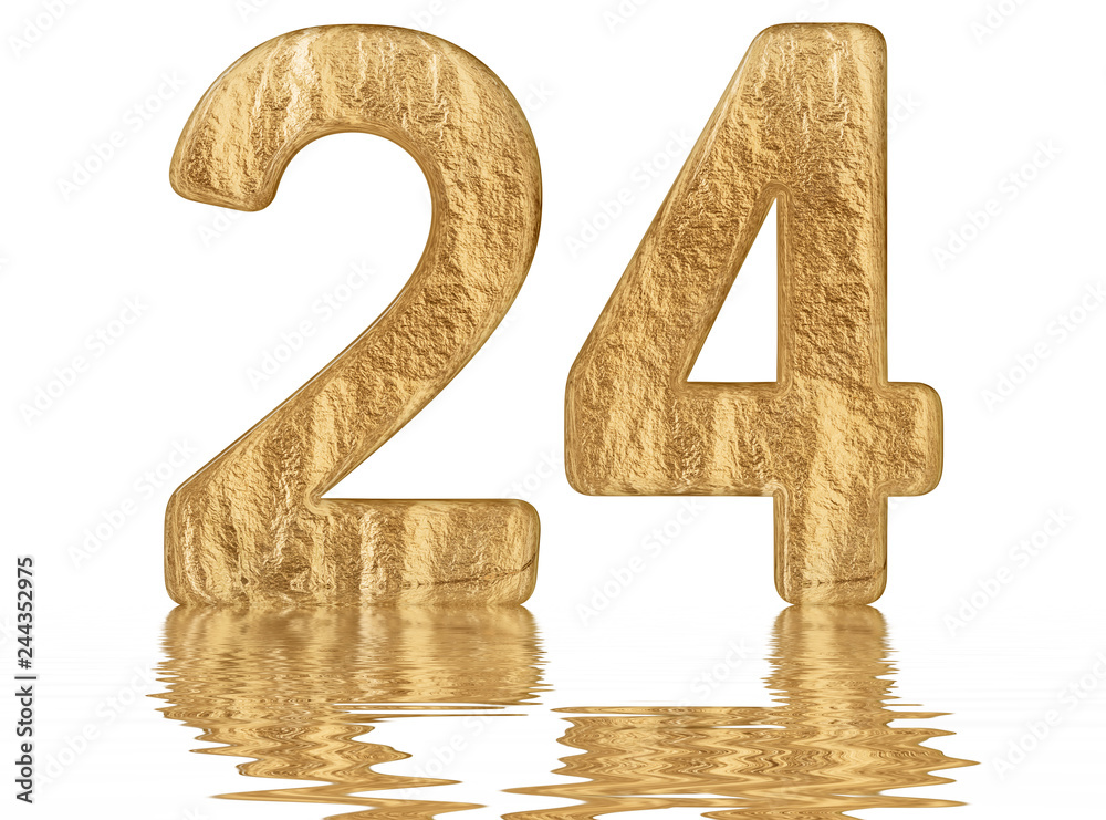 Numeral 24, twenty four, reflected on the water surface, isolated on white, 3d render Numeral 24, twenty four, reflected on the water surface, isolated on white, 3d render