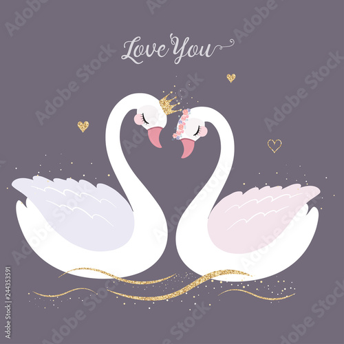 Cute Swan with gold glitter crown for wedding invitation.
