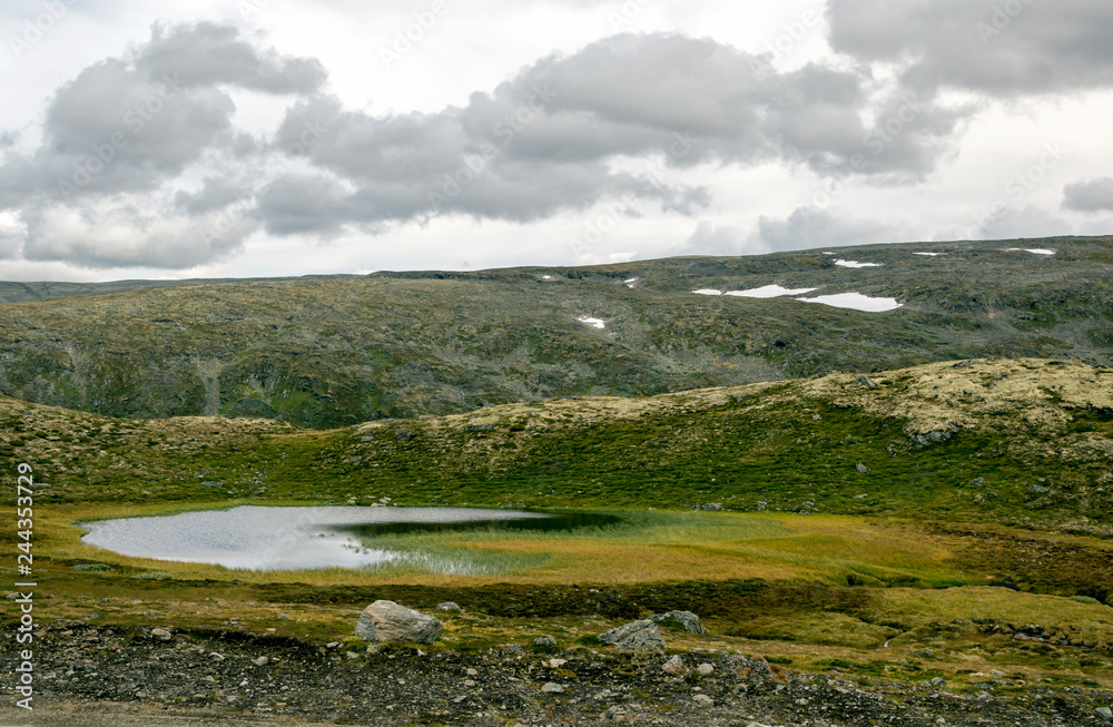 Lake in the prairies of the interior of southern Norway on a cloudy day.