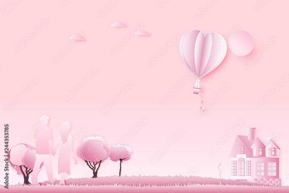 Paper art , cut and digital craft style of the lover with heart hot air balloon and sunny on pink sky background as romantic , married and honeymoon concept. vector illustration