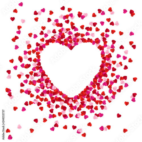Heart shape lined with paper hearts. Happy Valentine`s Day greeting card background. Vector illustration