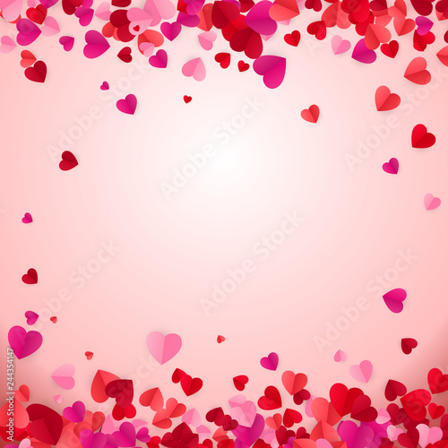 Valentine's day background with hearts. Holiday decoration elements colorful red hearts. Vector illustration isolated on pink background