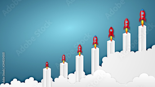 Paper art of business success of rocket launch with spaceship on chart, graph as investment ,  going up and Business growth concept. Vector illustration.